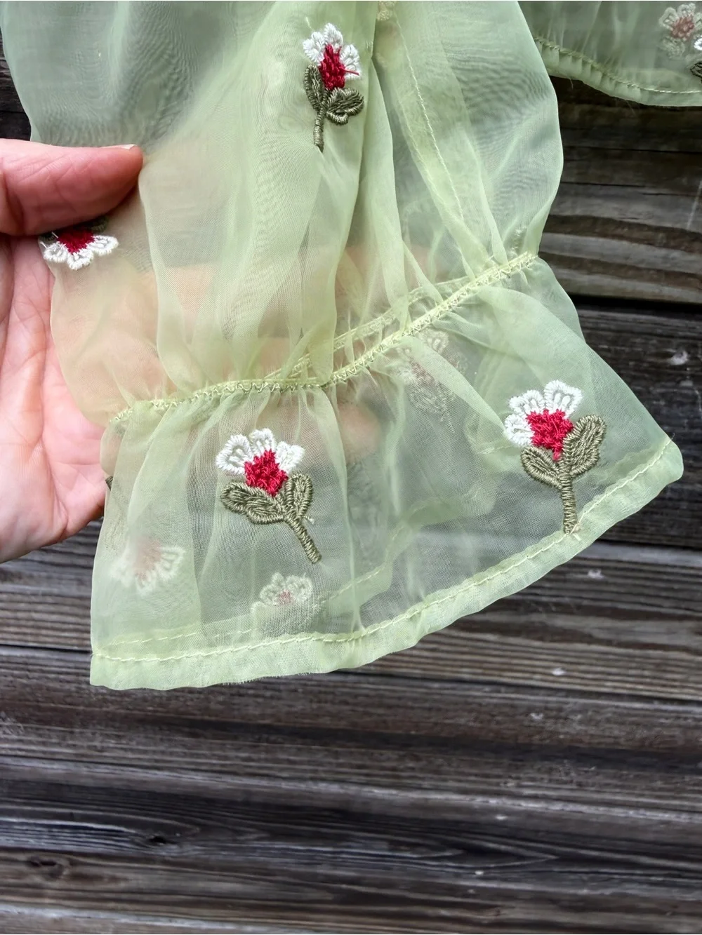 Zara Light Green Floral Embroidered Organza Puff Sleeve Blouse Sheer Top Medium